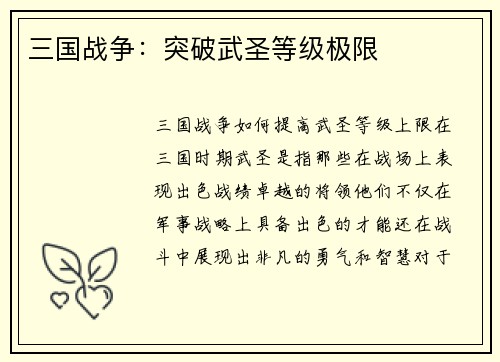 三国战争：突破武圣等级极限